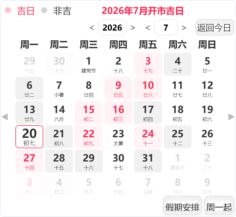 2026年7月开业吉日 2026年7月开业吉日