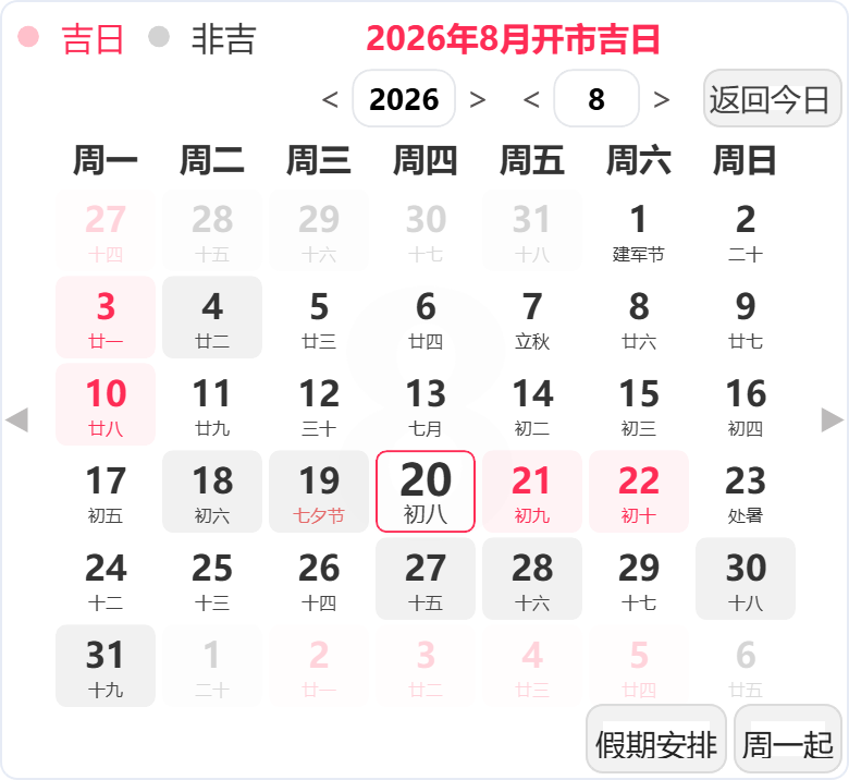 2026年8月开业吉日 2026年8月开业吉日